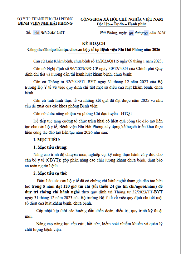 Kế hoạch Công tác đào tạo liên tục cho cán bộ y tế tại Bệnh viện Nhi Hải Phòng năm 2026