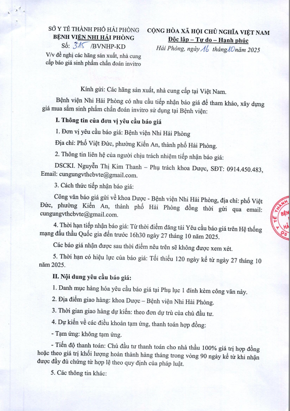 Thư mời báo giá số 315