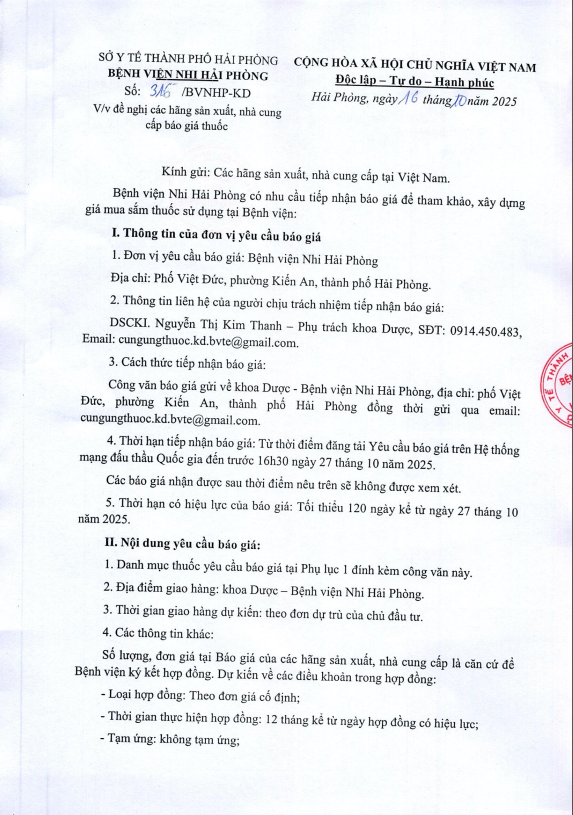 Thư mời báo giá số 316