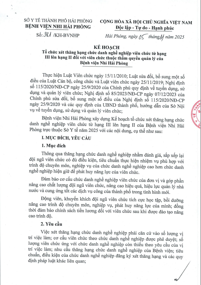 Kế hoạch tổ chức xét thăng hạng chức danh nghề nghiệp viện chức từ hạng III lên hạng II đối với viên chức thuộc thẩm quyền quản lý của Bệnh viện Nhi Hải Phòn