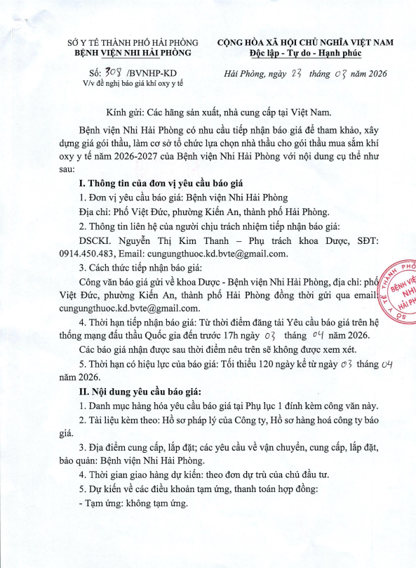 Thông báo số 308 Báo giá ô xy y tế