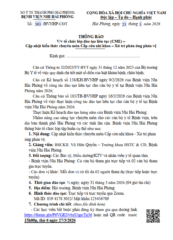 Thông báo Tổ chức lớp đào tạo liên tục (CME) - Cập nhật kiến thức chuyên môn Cấp cứu nhi khoa - Xử trí phản vệ