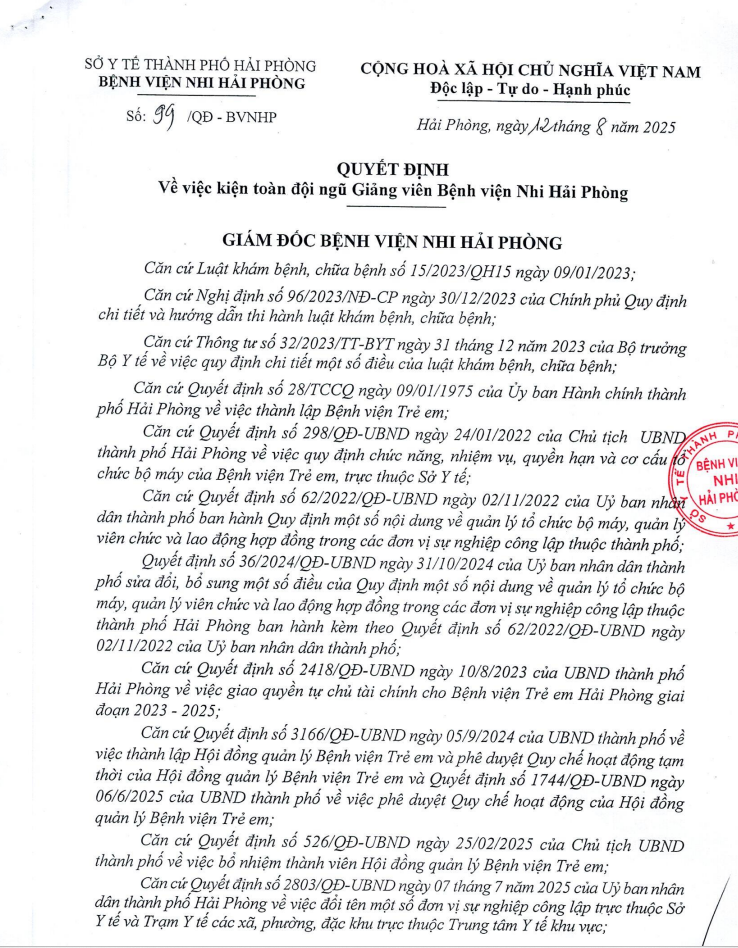 Quyết định về việc kiện toàn đội ngũ Giảng viên Bệnh viện Nhi Hải Phòng