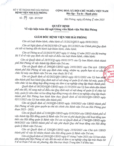 Quyết định về việc kiện toàn đội ngũ Giảng viên Bệnh viện Nhi Hải Phòng