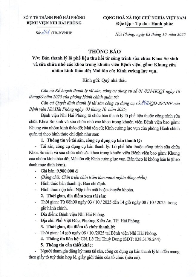 Thông báo bán thanh lý lô phế liệu